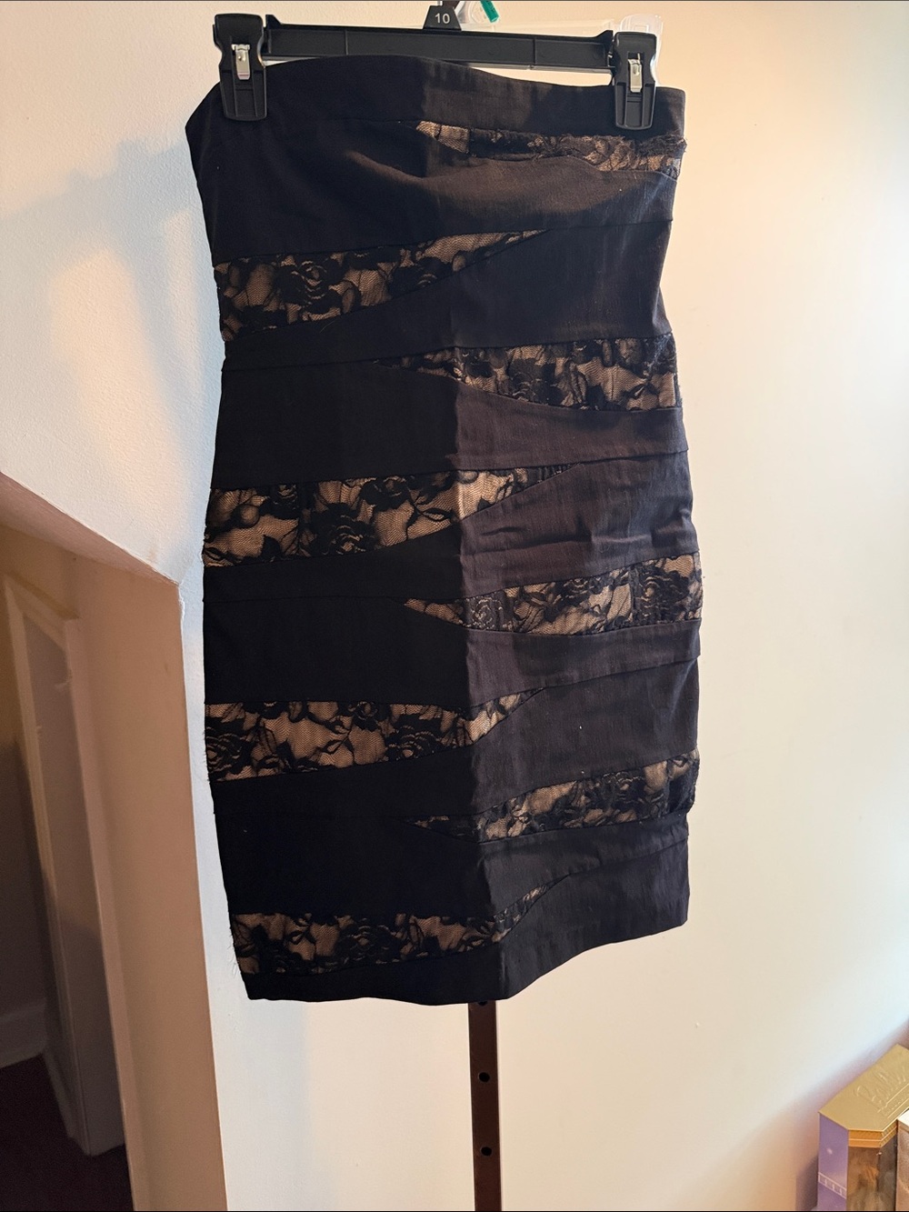 Black Lace-Panel Strapless Sheath Dress